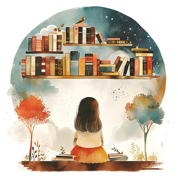 Niña sentada frente a libros y árboles en una ilustración de biblioteca