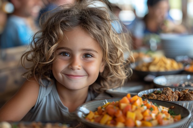 Niña sentada frente a un plato de comida