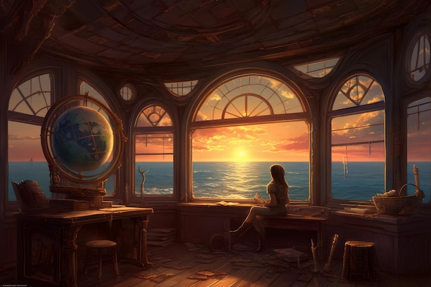 Una niña sentada en una habitación mirando el océano.