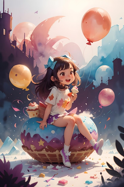 Una niña sentada en el helado de pastel gigante con globos ilustración de fondo de portada de libro