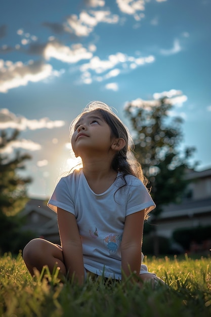 Foto una niña está sentada en la hierba con el sol brillando a través de las nubes