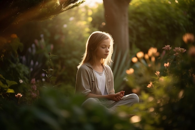 Una niña sentada en un jardín con el sol brillando en su rostro.