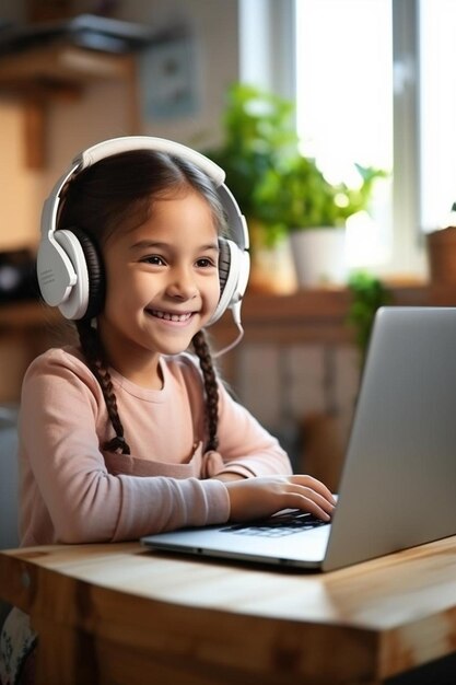 Foto una niña sentada en una mesa con una computadora portátil y auriculares