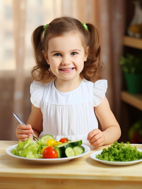 una niña sentada en una mesa con dos platos de comida