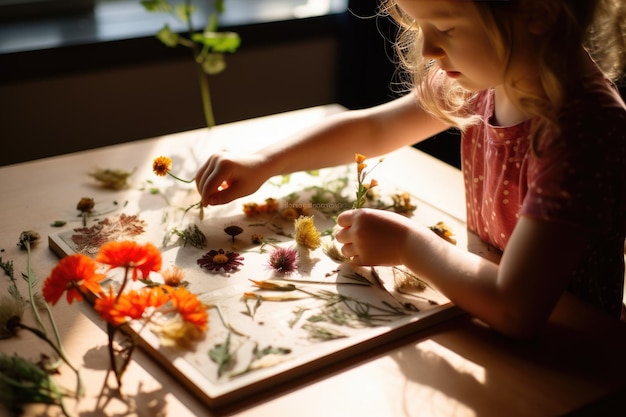 una niña sentada en una mesa con un jarrón lleno de flores y hojas.