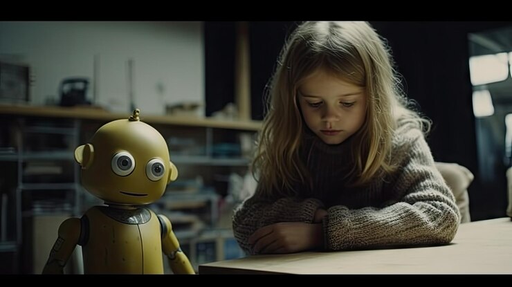 Foto una niña sentada en una mesa con un juguete robot delante de ella y mirando hacia abajo en la mesa