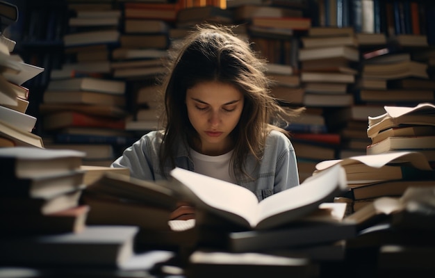 Foto una niña está sentada en una mesa con libros frente a ella.