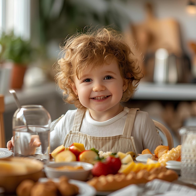 Una niña sentada en una mesa con un plato de comida y un vaso de leche delante de ella