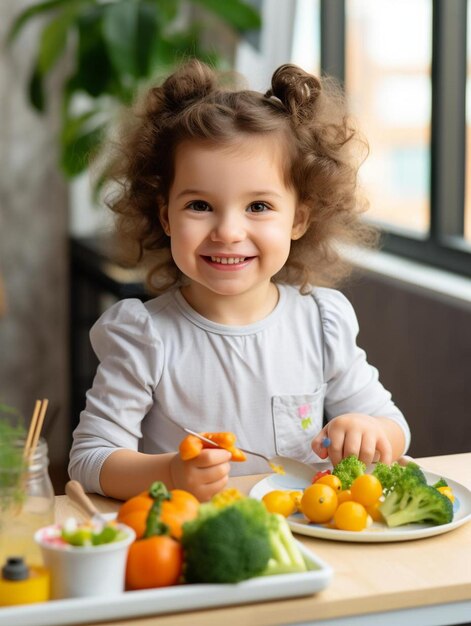 una niña sentada en una mesa con un plato de comida