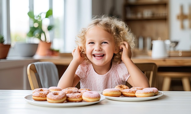 Una niña sentada en una mesa con un plato de rosquillas