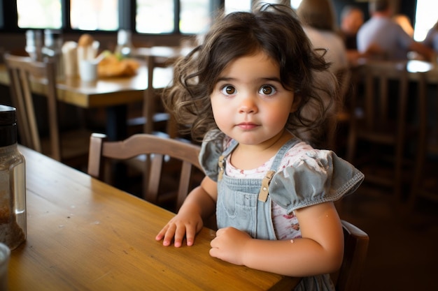 una niña sentada en una mesa en un restaurante