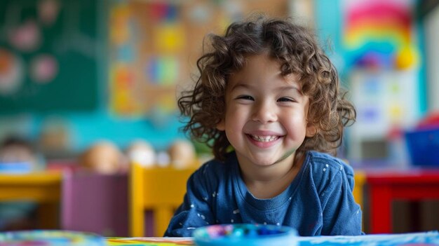 una niña sentada en una mesa sonriendo