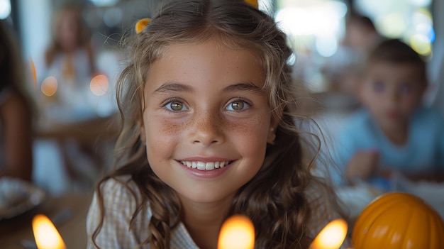 Niña sentada en la mesa con velas