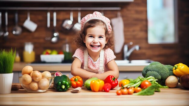 una niña sentada en una mesa con verduras