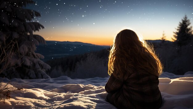 Foto niña sentada en la nieve bajo la noche estrellada