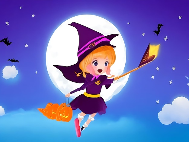 Niña sentada en el palo mágico y volando en el cielo fondo de Halloween