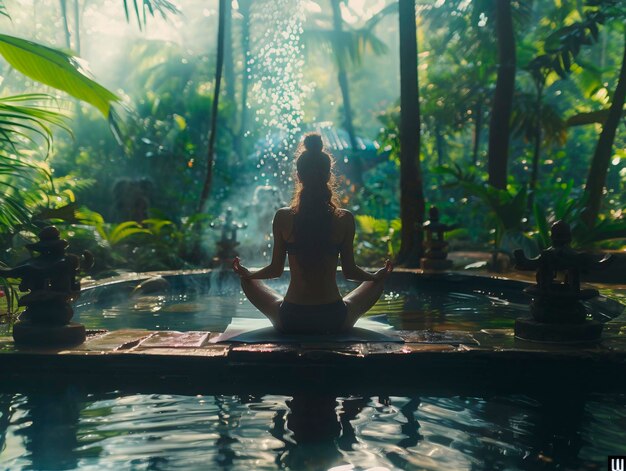 Foto niña sentada en la postura del loto haciendo yoga en las montañas generativo ai