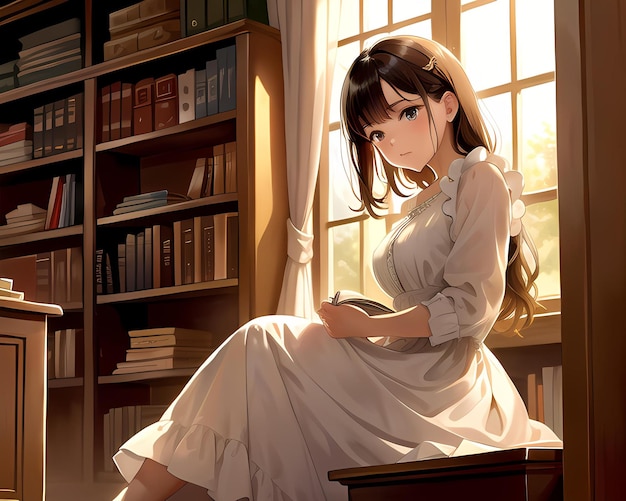 una niña sentada en un rincón de la biblioteca rodeada de libros generados por Ai