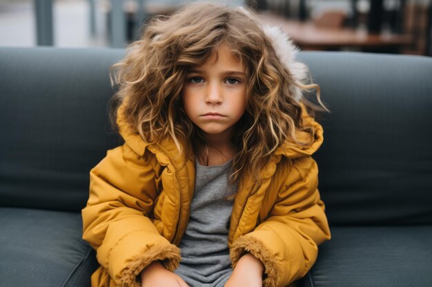 una niña sentada en un sofá con una chaqueta amarilla