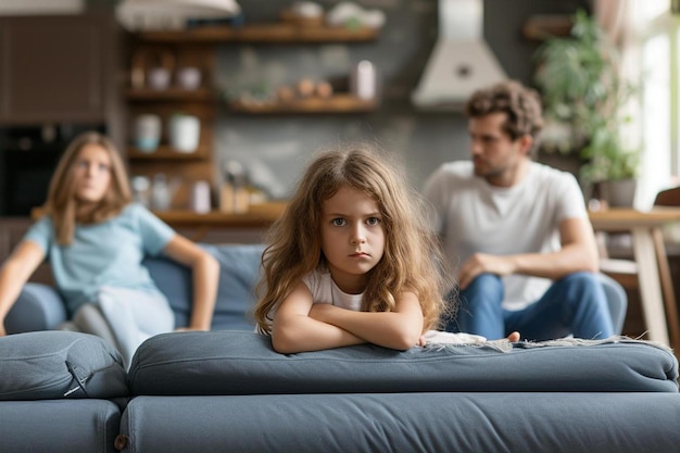 una niña sentada en un sofá con sus padres en el fondo