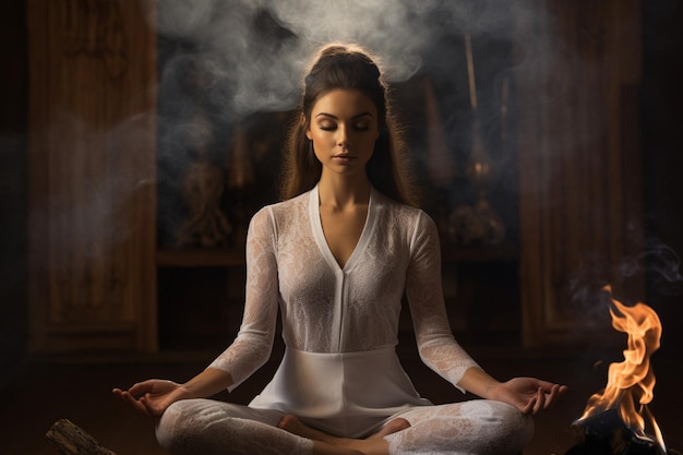 Niña sentada en el suelo en meditación, práctica de yoga relajante.