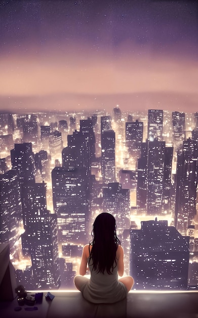 Foto la niña está sentada en el techovista de la ciudad nocturna de la metrópolis