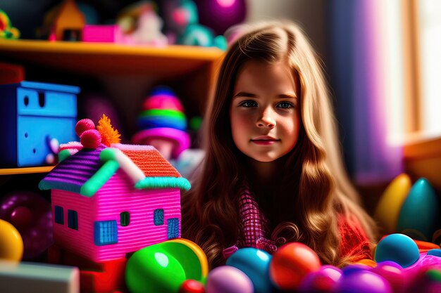 Una niña se sienta frente a una casa de juguete con un fondo morado.