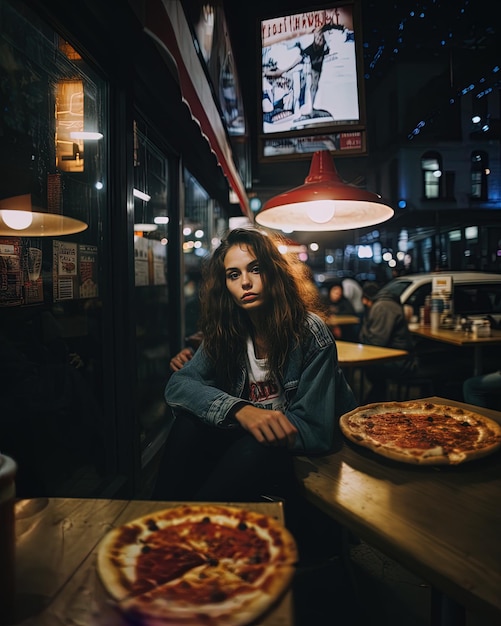 Una niña se sienta frente a una pizza con un cartel que dice "pizza".