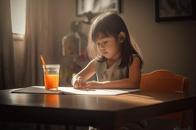 Una niña se sienta en una mesa y lee un libro con un vaso de jugo de naranja.