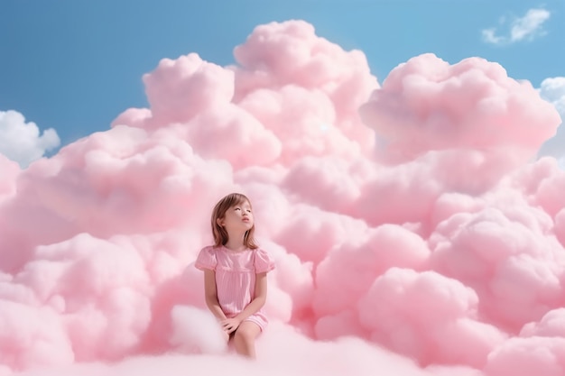 Una niña se sienta en una nube de nubes rosadas en un cielo azul.