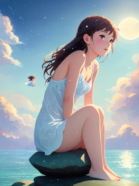 Una niña se sienta en una roca frente a un cielo azul y la luna es una niña pequeña.