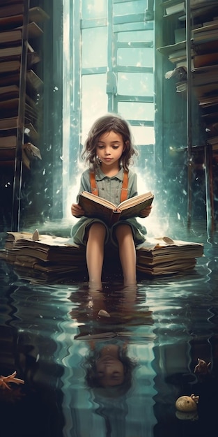 Una niña se sienta en un suelo inundado y lee un libro.