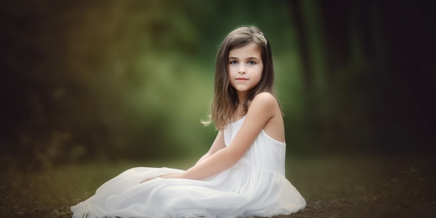 Una niña se sienta en el suelo con un vestido blanco.