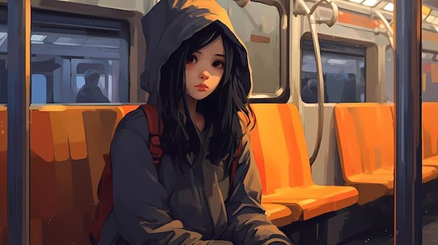 Una niña se sienta en un tren subterráneo con una sudadera con capucha.