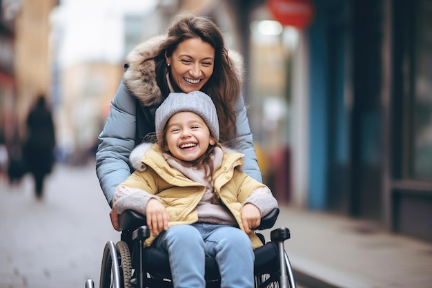 Una niña en silla de ruedas y una madre solidaria