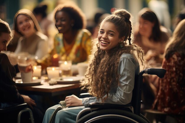 Una niña en silla de ruedas se sienta en la cafetería de una escuela con sus amigos felizmente participando en una conversación