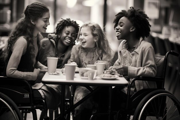 Una niña en silla de ruedas se sienta en la cafetería de una escuela con sus amigos felizmente participando en una conversación