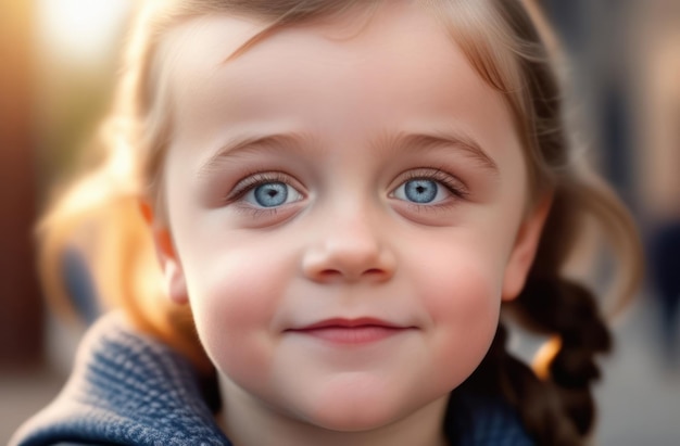 Foto una niña con síndrome de down con grandes ojos azules y una sonrisa en su cara niño mirando la cámara de cerca