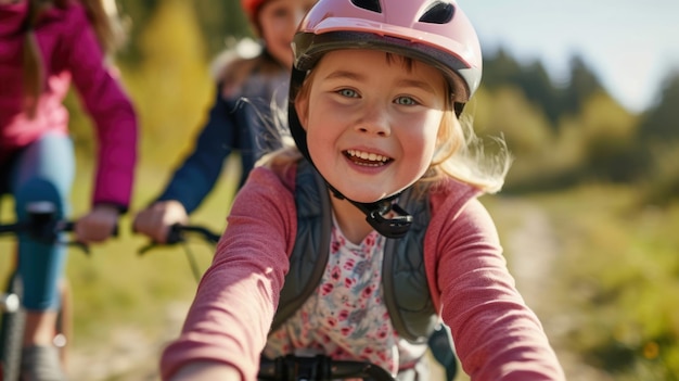 Foto una niña con síndrome de down montando con confianza su bicicleta adaptativa con su familia