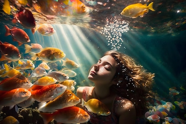 Foto niña sirena nada bajo el agua entre la red neuronal de peces generada por ai