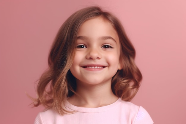 Niña sobre un fondo rosa con una sonrisa Imagen AI generativa