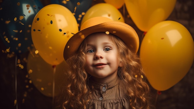 Una niña con un sombrero amarillo y un montón de globos.