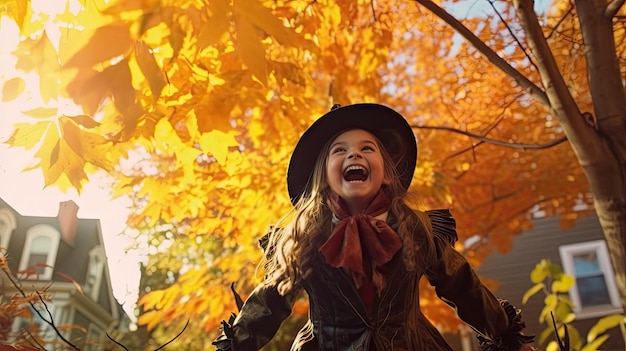 una niña con un sombrero de bruja y sosteniendo una escoba frente a un árbol de otoño con el sol brillando detrás de ella