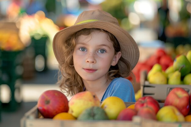 La niña con el sombrero de la caja de frutas