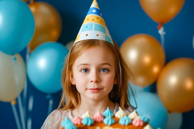 Una niña con un sombrero de cumpleaños frente a un pastel