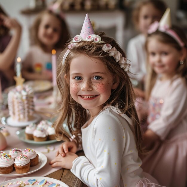 Foto una niña con un sombrero de fiesta y un sombrerito de fiesta