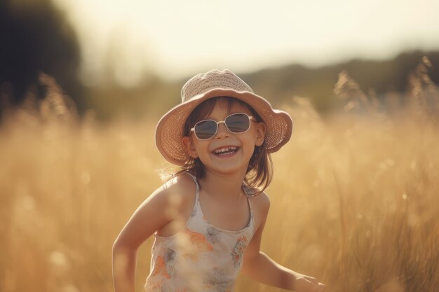 Una niña con sombrero y gafas de sol en una IA generativa de campo