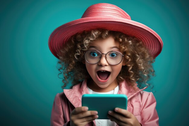 Niña con sombrero gracioso haciendo una cara en un teléfono inteligente en el estilo de azul azulado y rosa