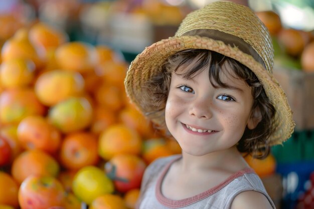 Niña con sombrero de paja con naranjas