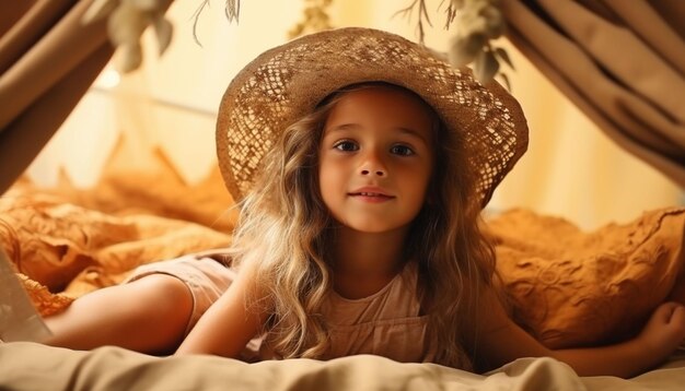 una niña con un sombrero y sentada en una cama